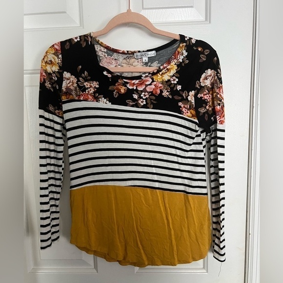 Moa Moa Contrasting Strip Floral 3/4 Sleeve Shirt  Size Medium - Y2K Relaxed Fit - Picture 1 of 4
